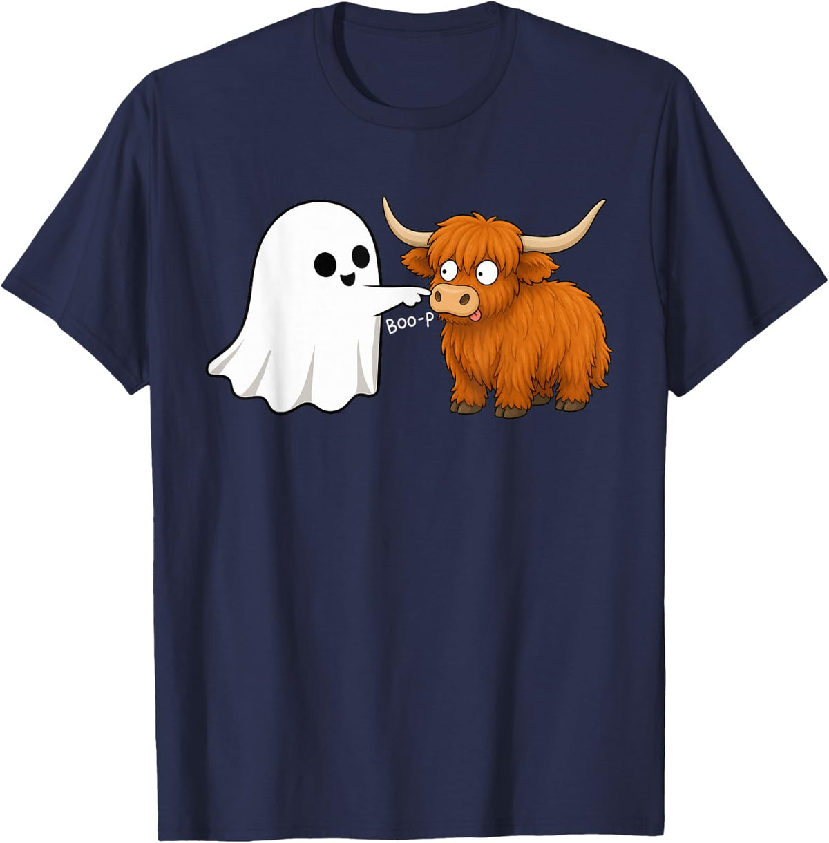 Cute Scottish Highland Cow Boop Ghost Halloween T-Shirt - Navy Blue