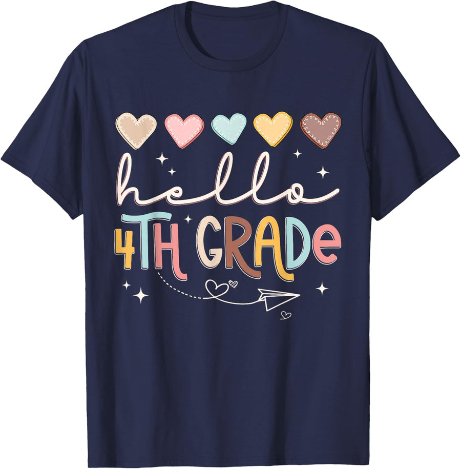 Back to School Hello 4th Fourth Grade Hearts Women Girl T-Shirt - Navy Blue