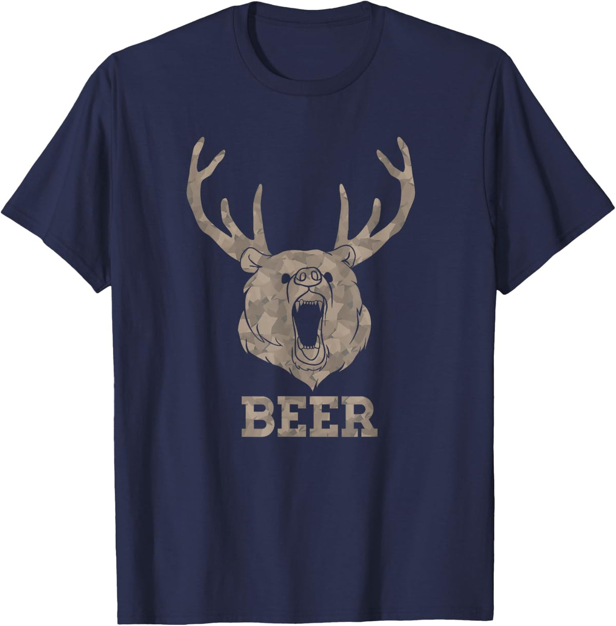 Bear Deer Beer Drinking Camo Antlers Hunting Camping Gift T-Shirt - Navy Blue