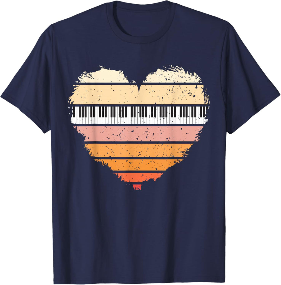 Piano Lover Pianist Piano Player Retro Sunset Heart Musician T-Shirt - Navy Blue