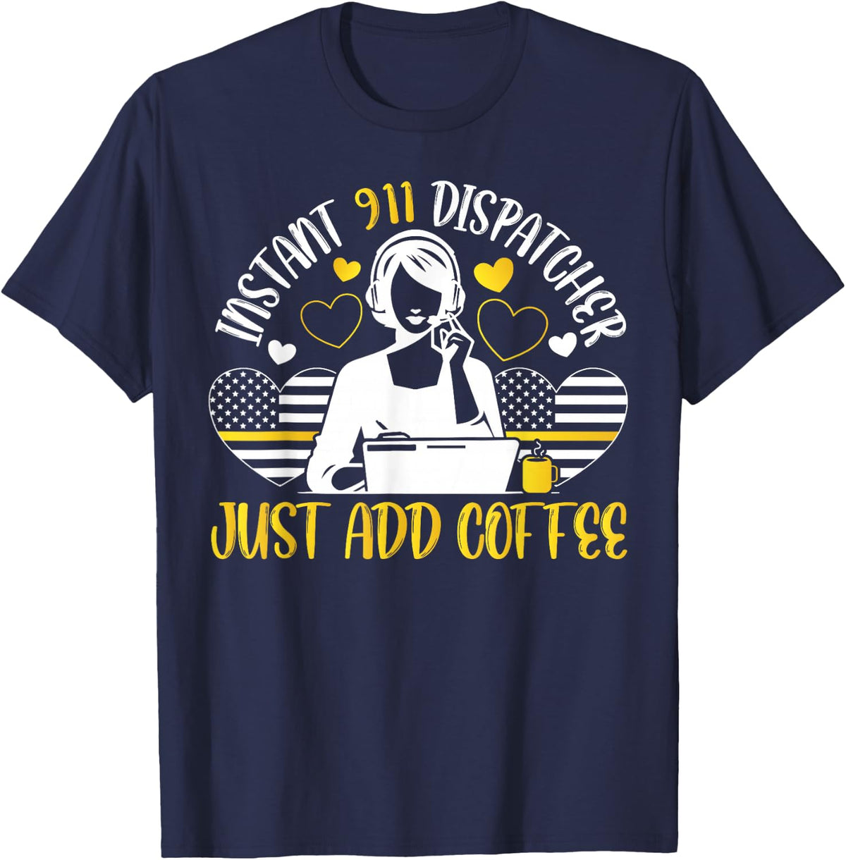 911 Dispatcher Thin Gold Yellow Line Coffee American Flag T-Shirt - Navy Blue