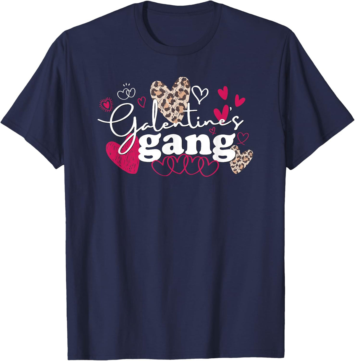 Matching Valentine's Day Galentines Gang Cute Leopard Hearts T-Shirt - Navy Blue