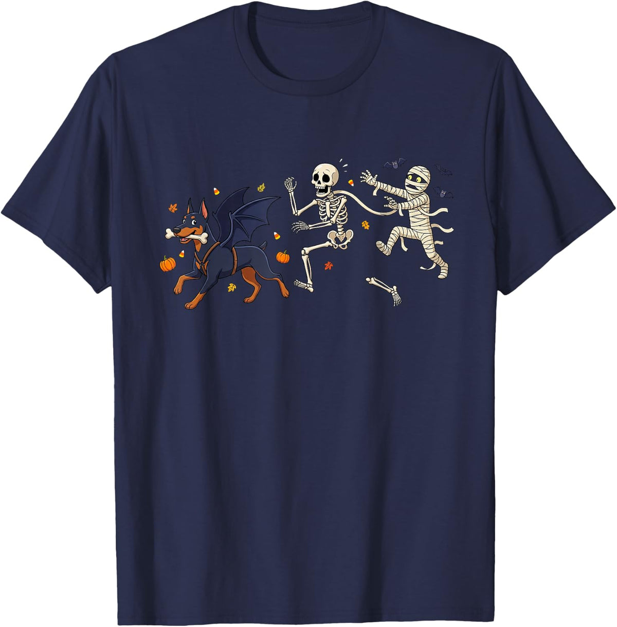 Doberman Pinscher Skeleton Mummy Halloween Kids Mens Womens T-Shirt - Navy Blue