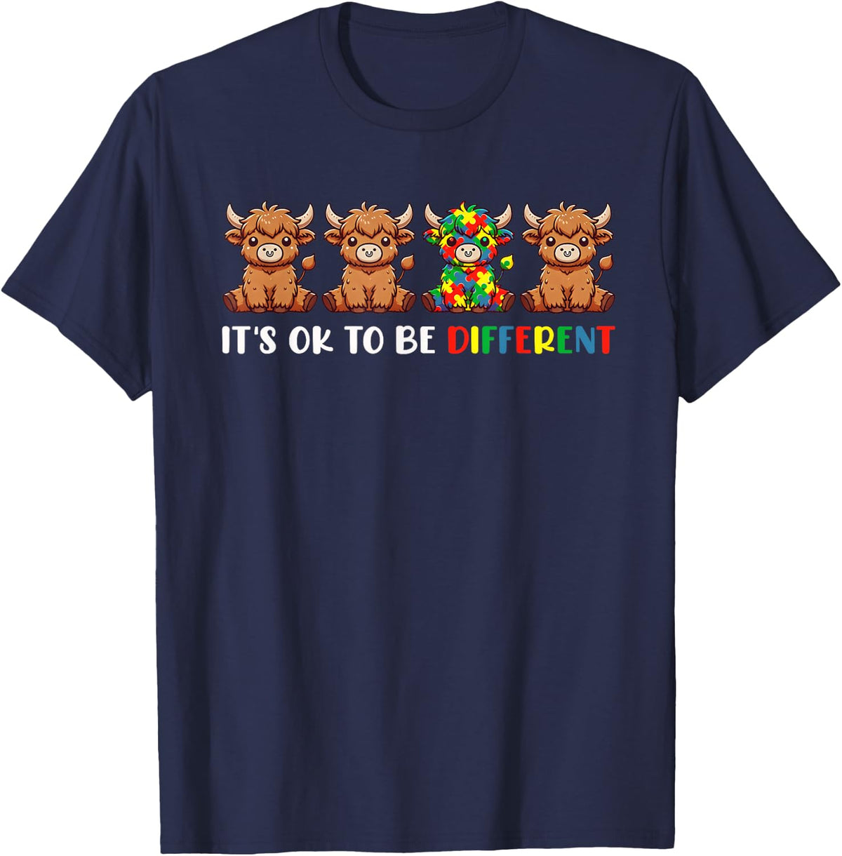 It’s OK to Be Different Autism Highland Cow Puzzle Kids T-Shirt - Navy Blue
