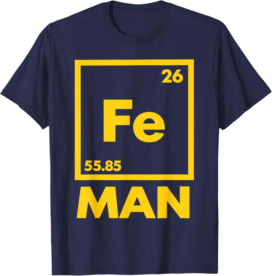 Fe Man Science Chemistry Periodic Table Nerd Geek Graphic T-Shirt - Navy Blue