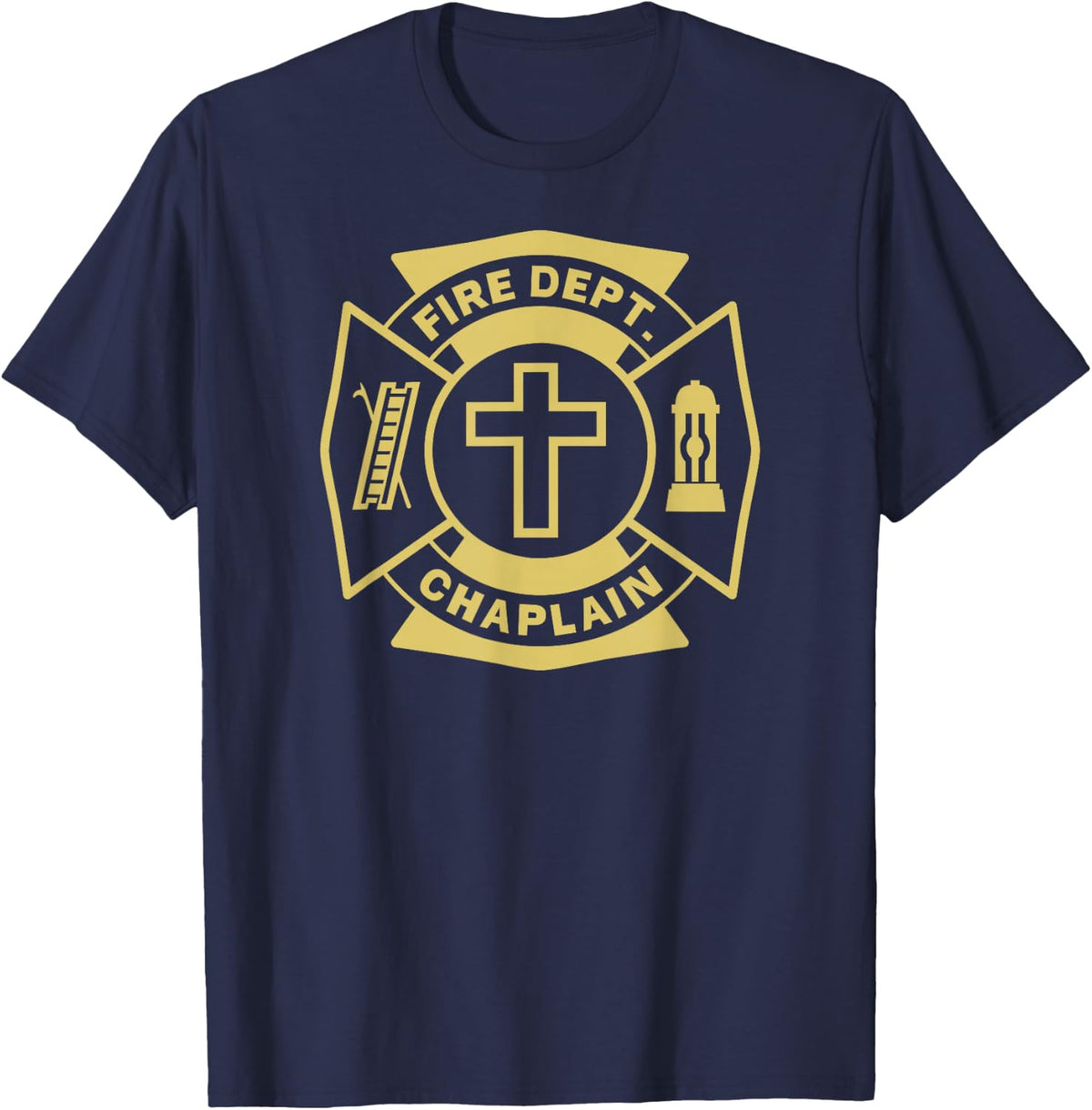 FIRE CHAPLAIN Firefighter Maltese Cross Patch Pastor Priest T-Shirt - Navy Blue
