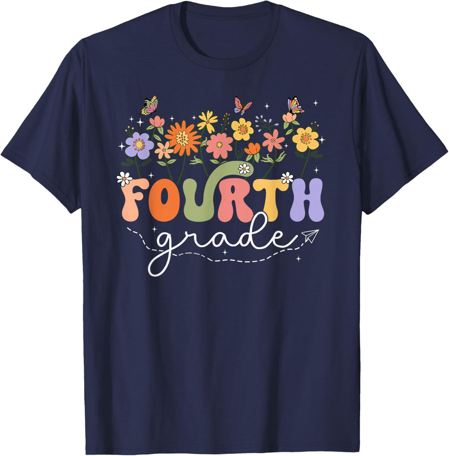 4th Fourth Grade Teacher Wildflower Back To School Floral T-Shirt - Navy Blue