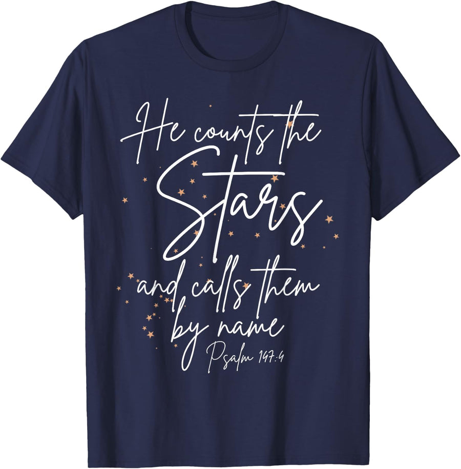 He Counts Stars Psalm 147:4 Christian Faith Graphic T-Shirt - Navy Blue