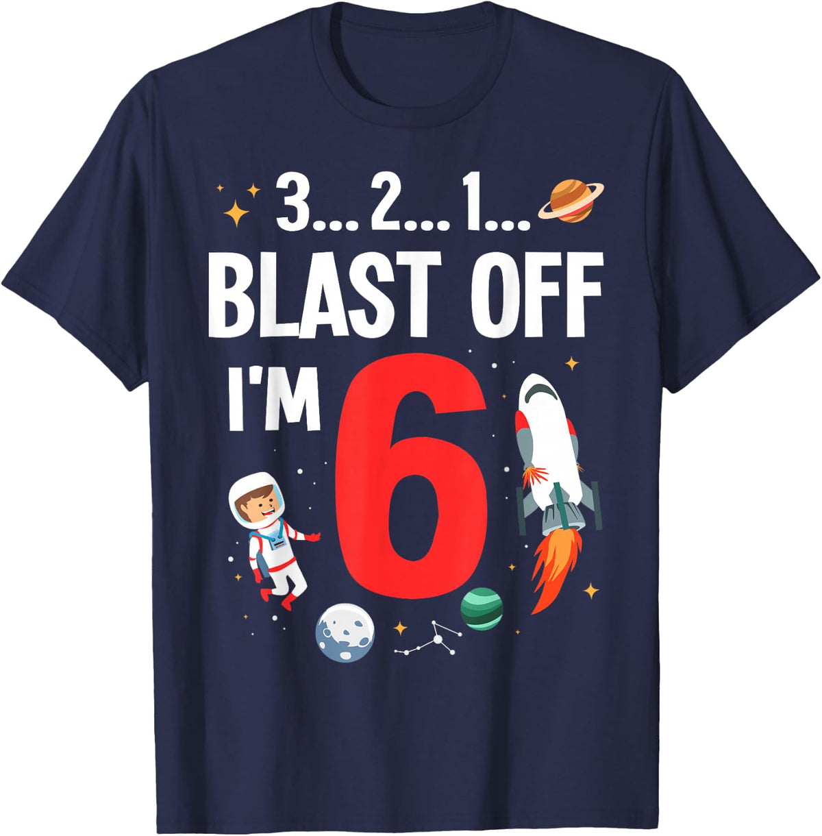 Funny 6th Birthday Gift Boys 6 Years Old Outer Space Rocket T-Shirt - Navy Blue