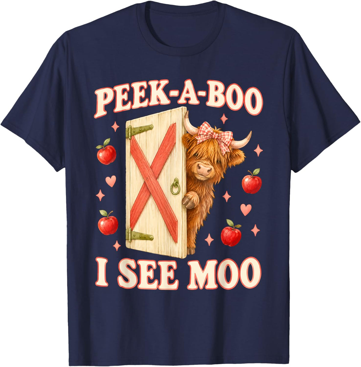 Peek A Boo I See Moo Highland Cow Barn Cow Pun T-Shirt - Navy Blue