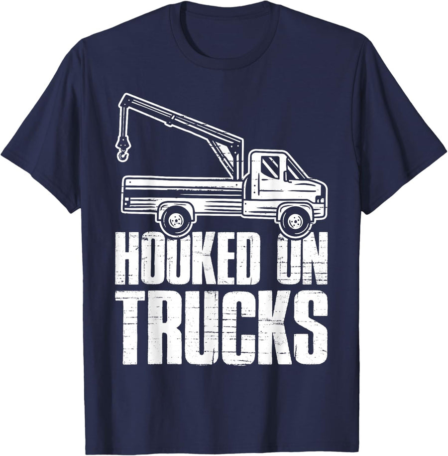 Hooked On Trucks Tow Trucker Tow Truck Driver T-Shirt - Navy Blue