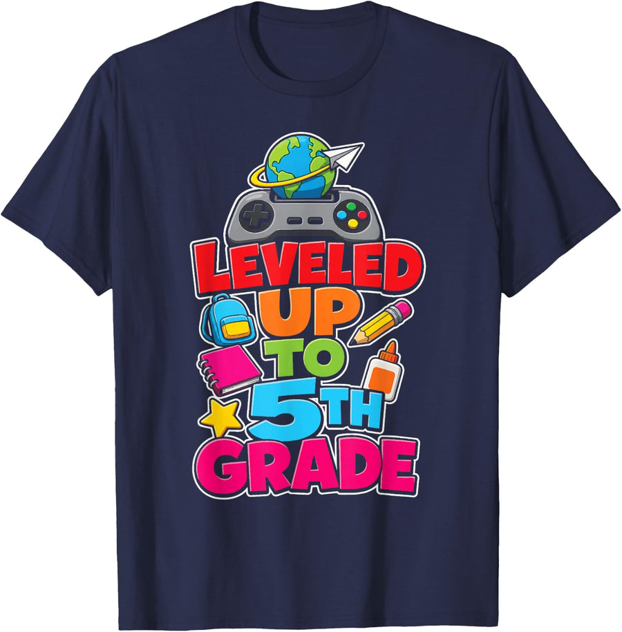 5th Grade Leveled Up Gamer Elementary School Kids Gift T-Shirt - Navy Blue