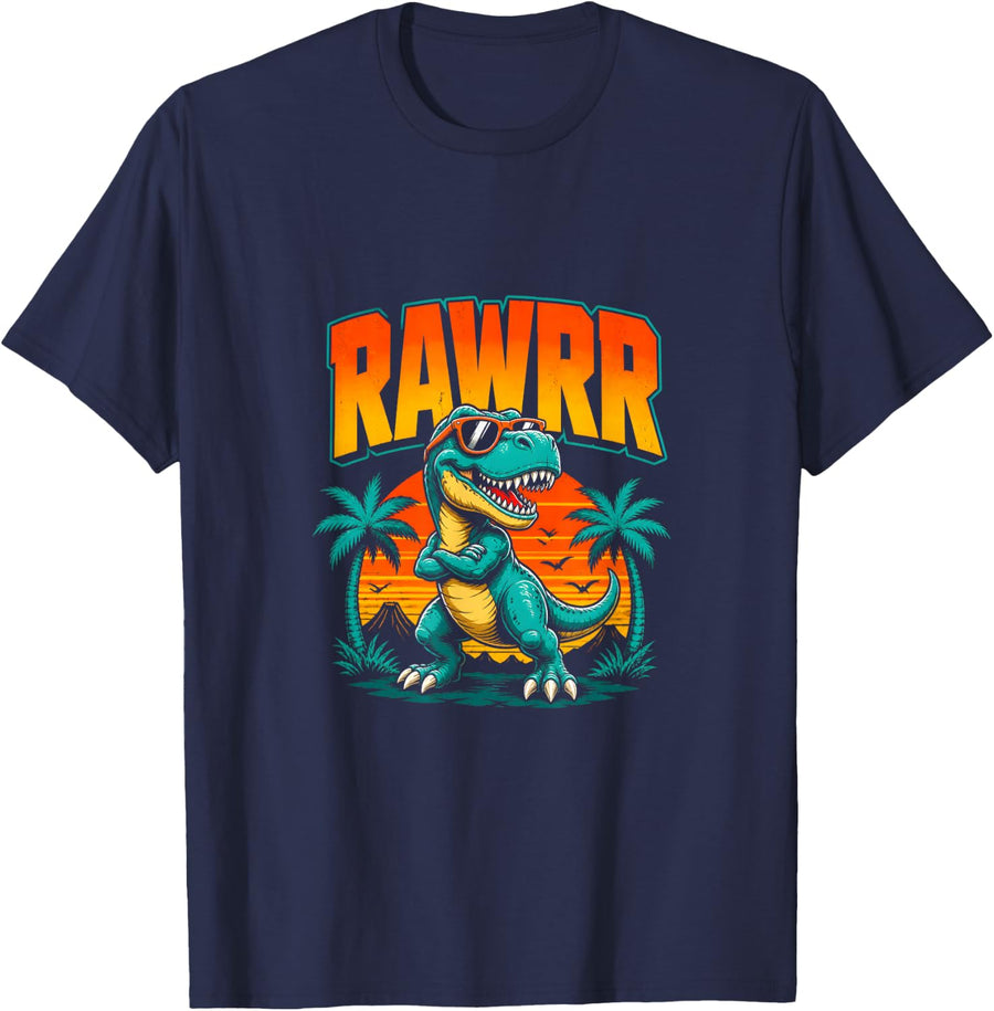Dinosaur Lover Rawrr Retro Dino T-Shirt - Navy Blue