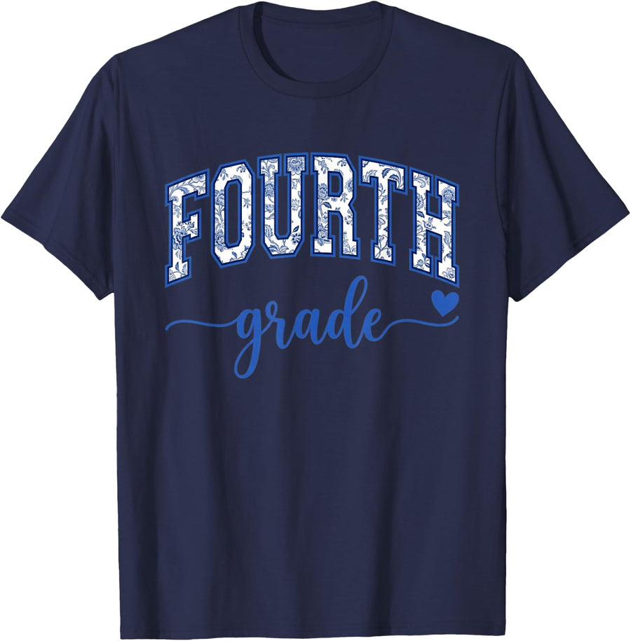 Fourth Grade Floral Back to School Student Girls T-Shirt - Navy Blue