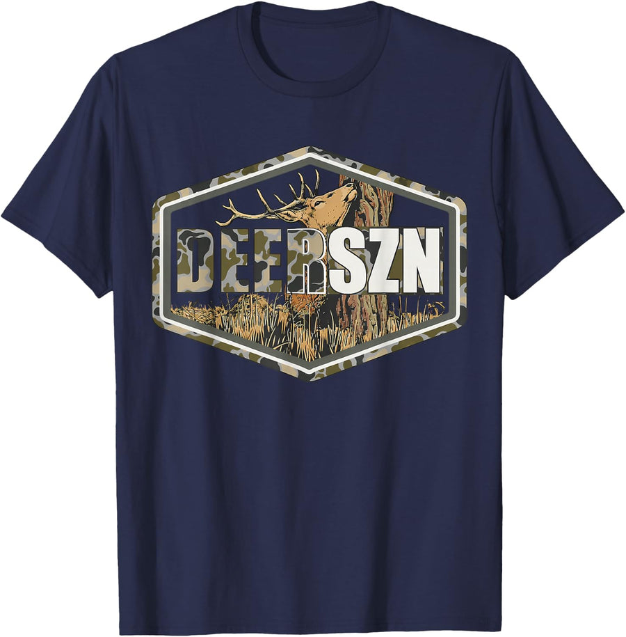 Deer SZN Camo Buck Hunting Season Outdoors Hunter Emblem T-Shirt - Navy Blue