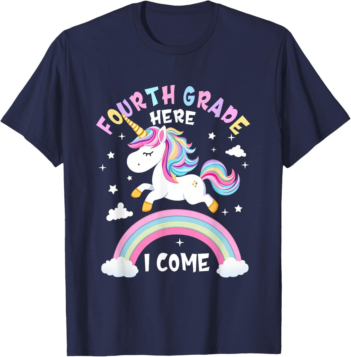 First Day of 4th Grade Shirt Girls Fourth Grade Here I Come Unicorn Tees and T Shirts - Navy Blue