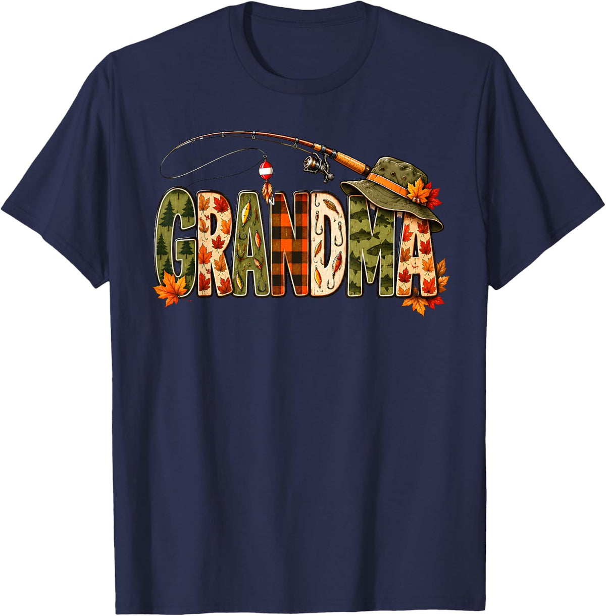 Thanksgiving Fishing Grandma Fall Autumn Bass Birthday T-Shirt - Navy Blue