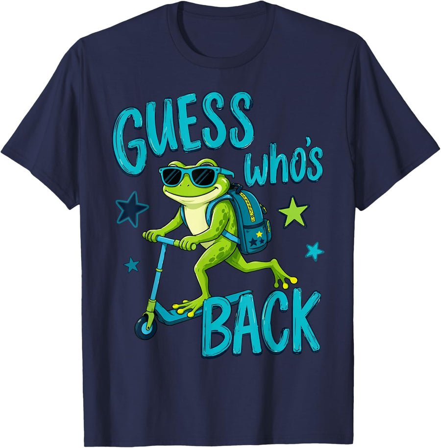 (2 Sided) Guess Who's Back Again Frog Back to School T-Shirt - Navy Blue