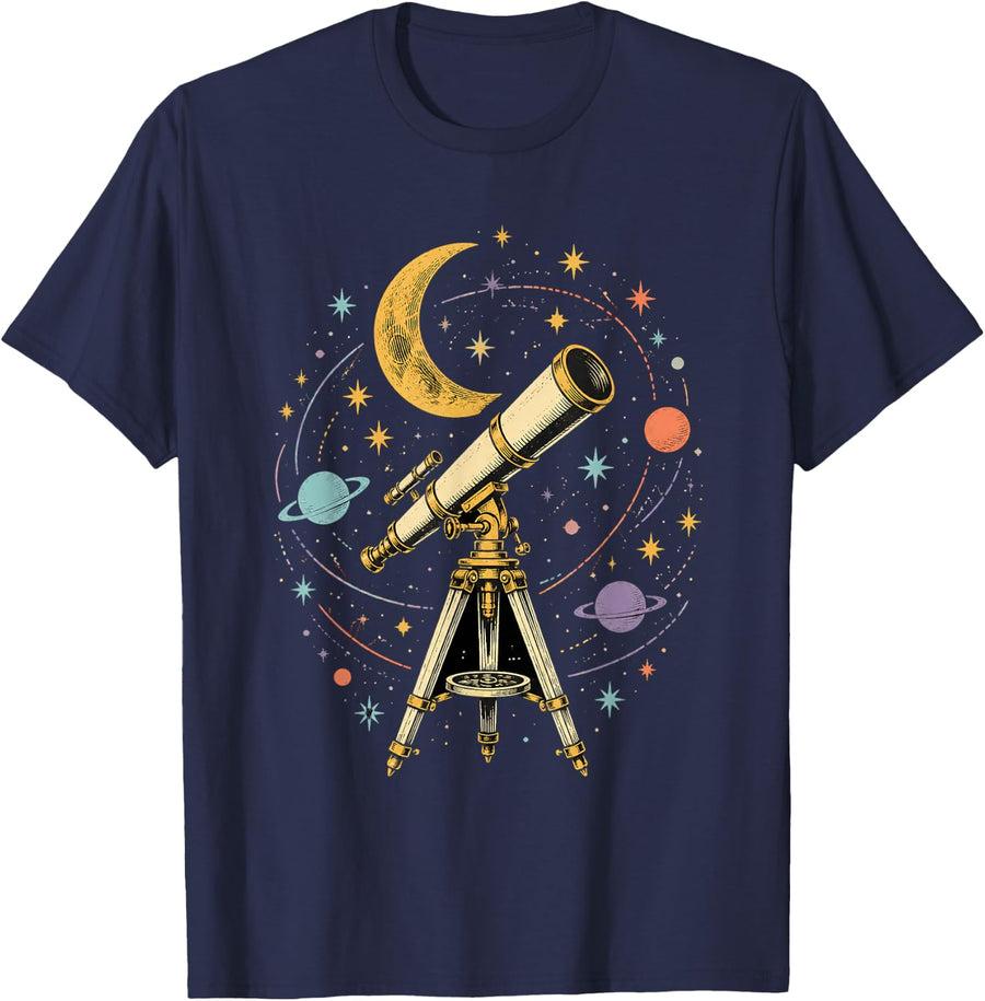 Vintage Telescope Crescent Moon Astronomy Art T-Shirt - Navy Blue