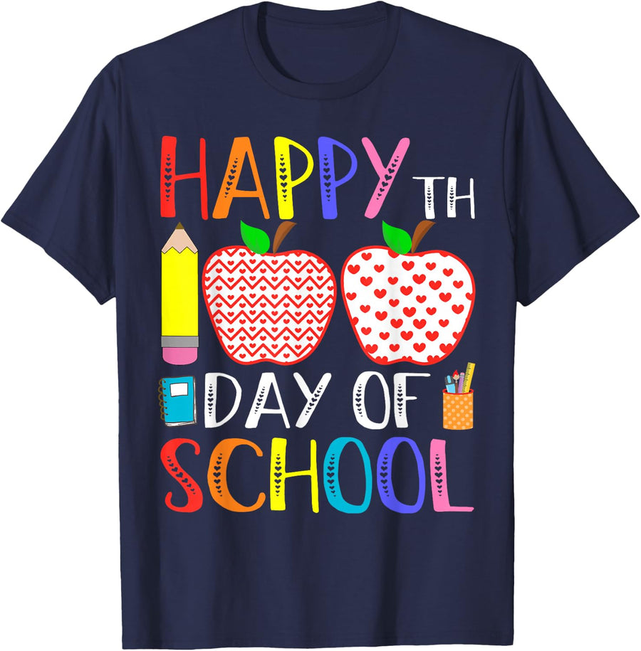 Happy 100th Day of School Teacher Tees 100 Days T-Shirt for Boys Girls Kids - Navy Blue