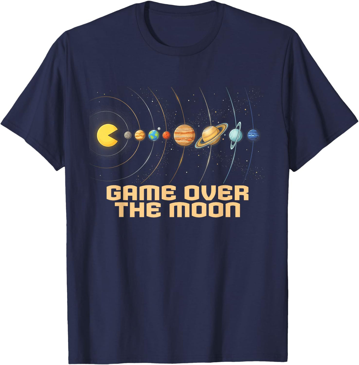Game Over The Moon Solar System Video Game Eating Planets T-Shirt - Navy Blue