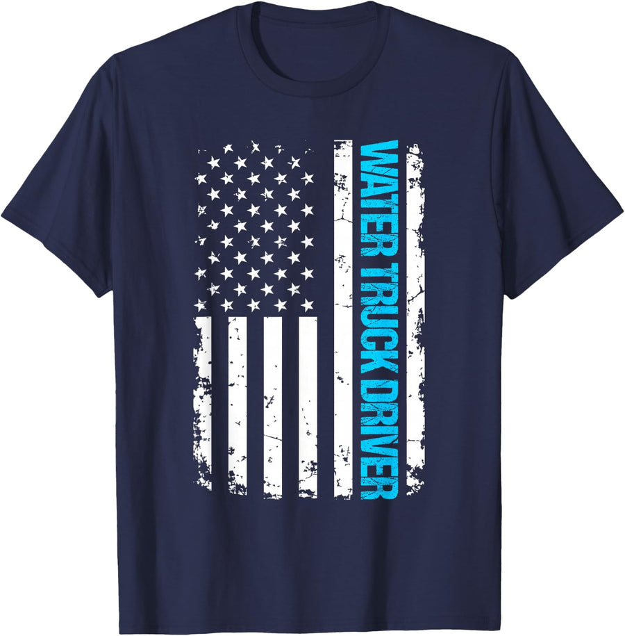 Water Truck Driver USA Flag T-Shirt - Navy Blue