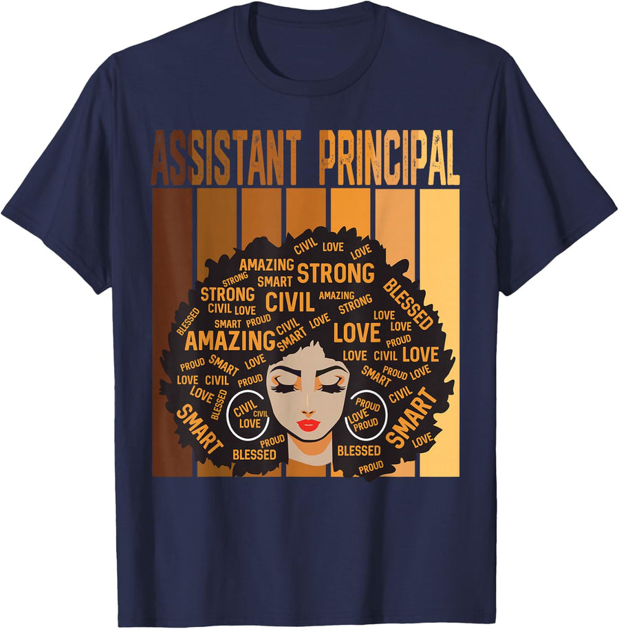 Assistant Principal Afro African Women Black History Month T-Shirt - Navy Blue