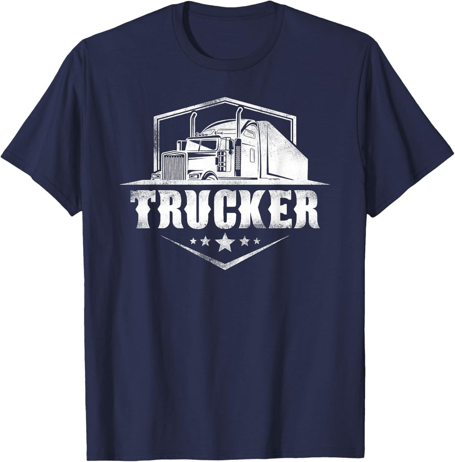 Trucker Truck Driver Vintage Trucker T-Shirt - Navy Blue