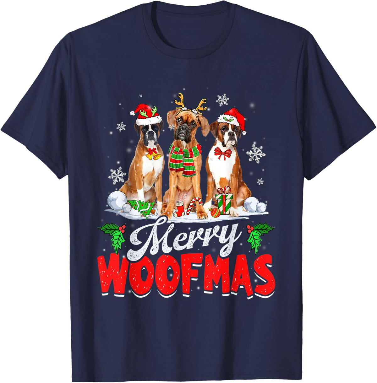 Merry Woofmas Boxer Dog Christmas Dog Lover Xmas T-Shirt - Navy Blue