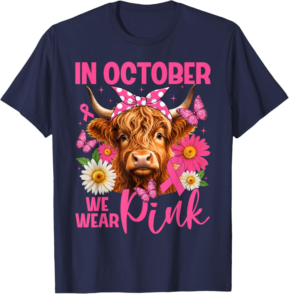 in October We Wear Pink Highland Cow Breast Cancer Women T-Shirt - Navy Blue