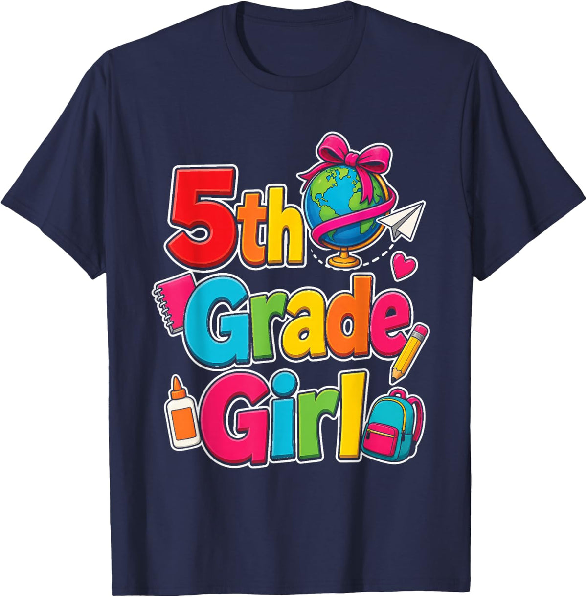 5th Grade Girl First Day Globe Backpack Hearts Bows T-Shirt - Navy Blue