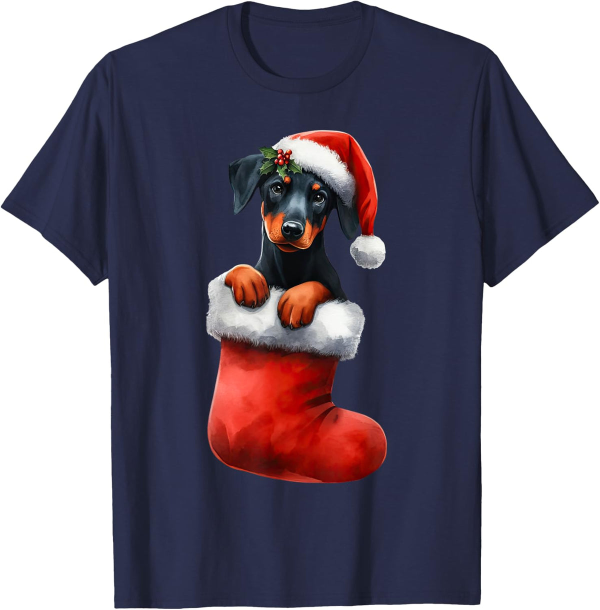 Doberman Pinscher In Sock Christmas Santa Hat Xmas Dog Lover T-Shirt - Navy Blue