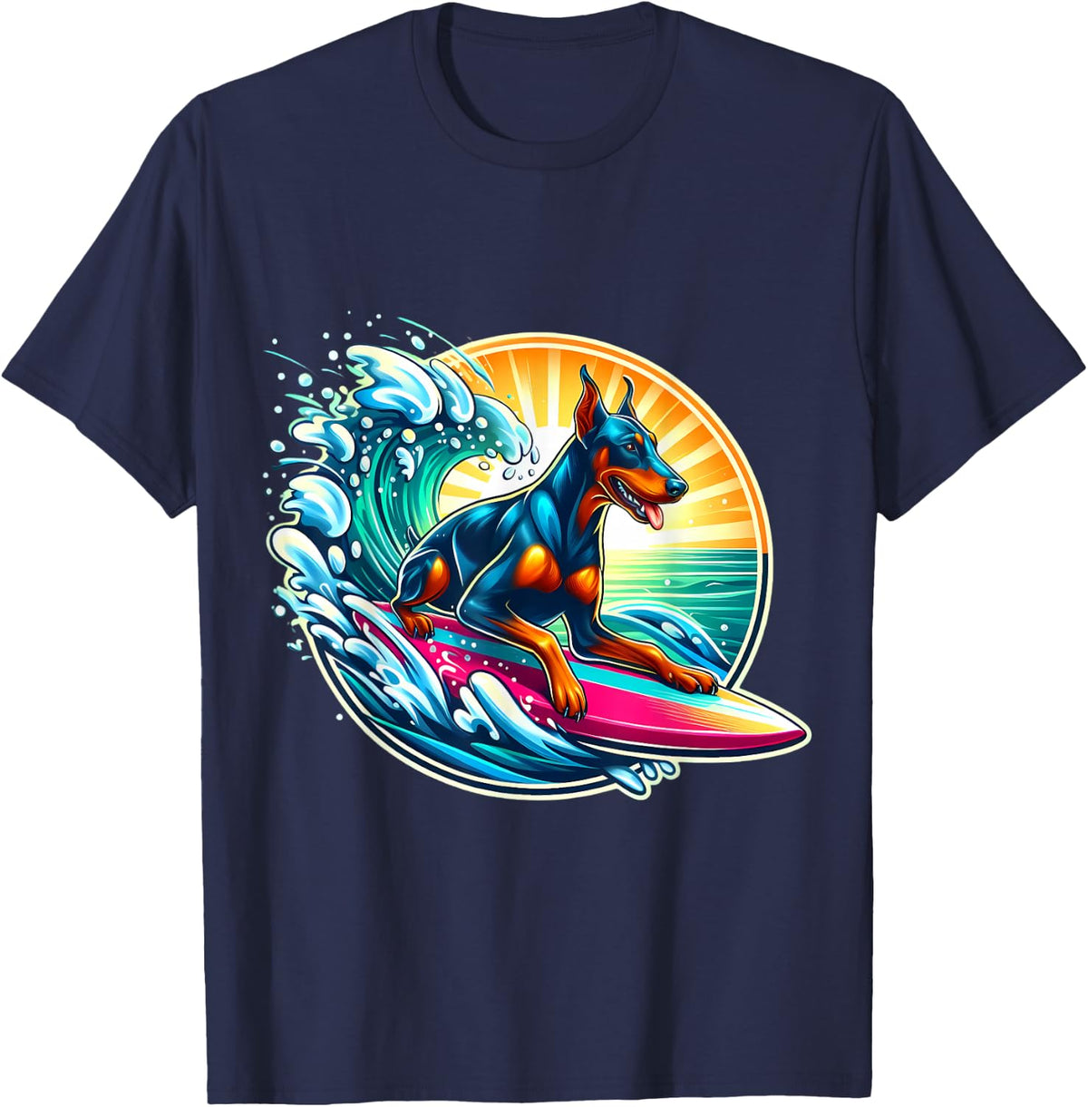 Doberman Pinscher Dog Surfing Surfer Owner Surfboard Rider T-Shirt - Navy Blue
