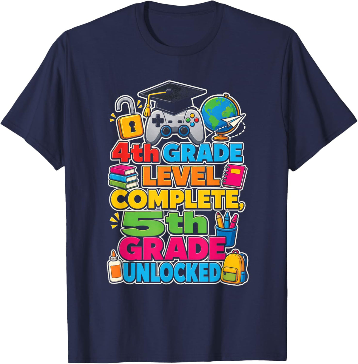 4th Grade Level Complete 5th Unlocked Elementary School T-Shirt - Navy Blue