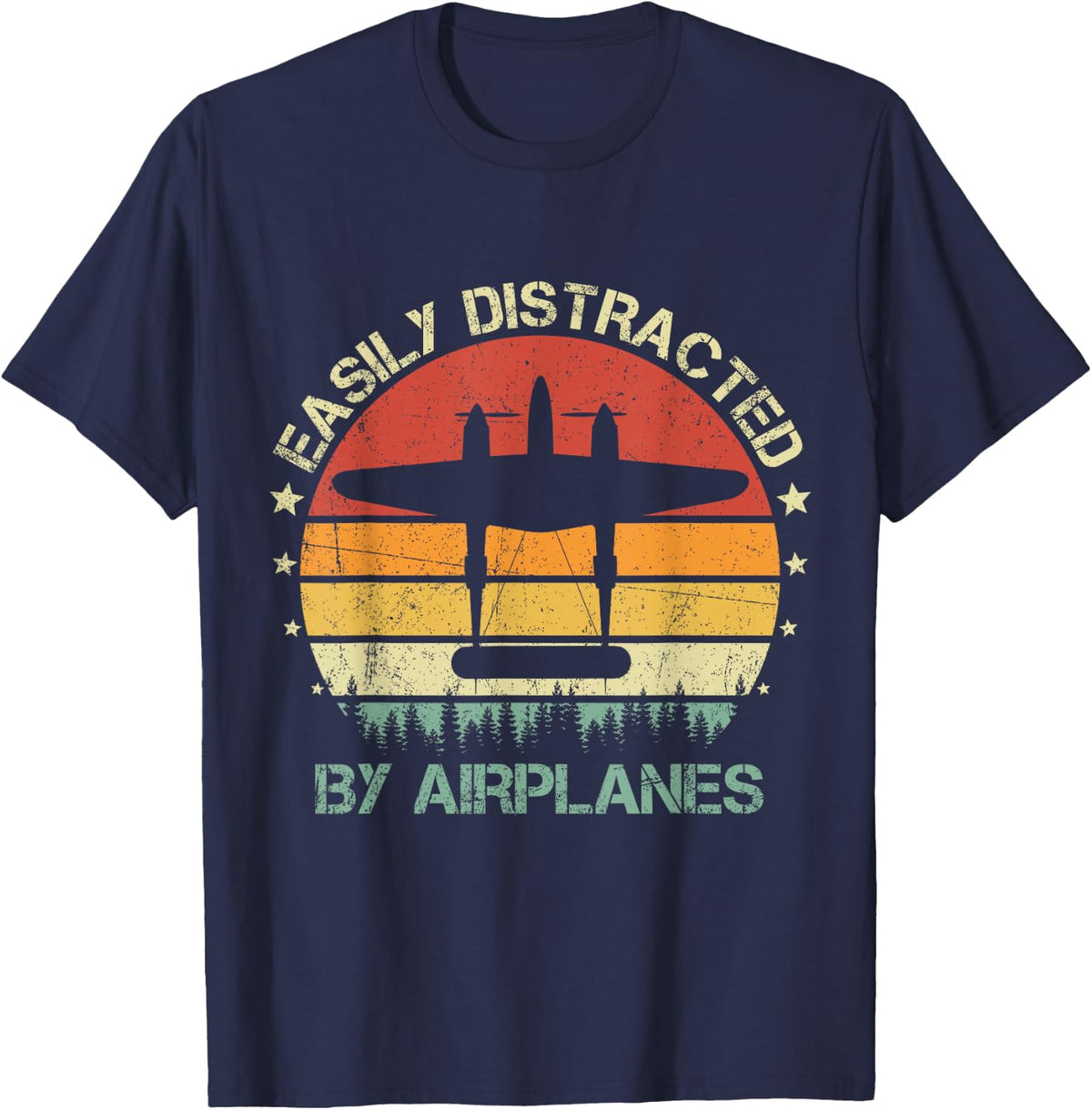 Easily Distracted By Airplanes Retro Vintage P-38 Lightning T-Shirt - Navy Blue