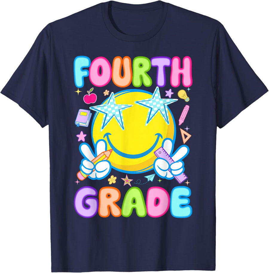 Hello 4th Fourth Grade Kids Boy Girl Back to School Groovy T-Shirt - Navy Blue