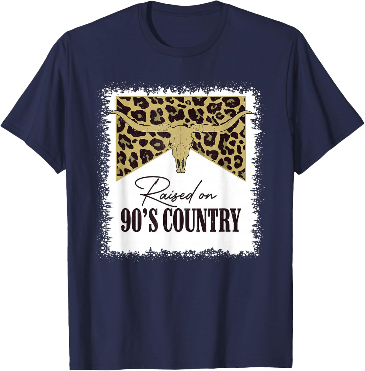 Raised On 90's Country Vintage Bull Skull Leopard Bleached T-Shirt - Navy Blue