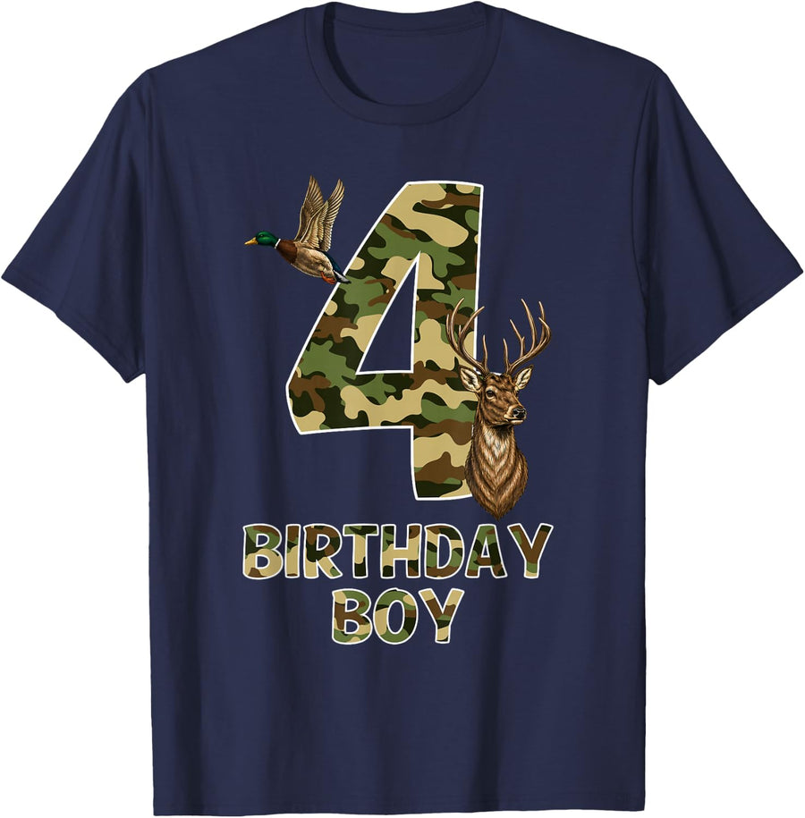 4th Birthday Boy 4 Year Old Camo Deer Duck Hunter T-Shirt - Navy Blue