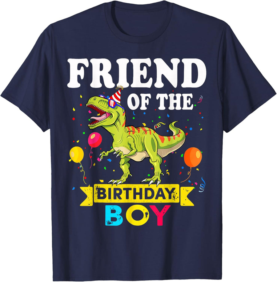 Friend Of The Birthday Boy Dinosaur T-Rex Matching Family Tees T Shirts - Navy Blue