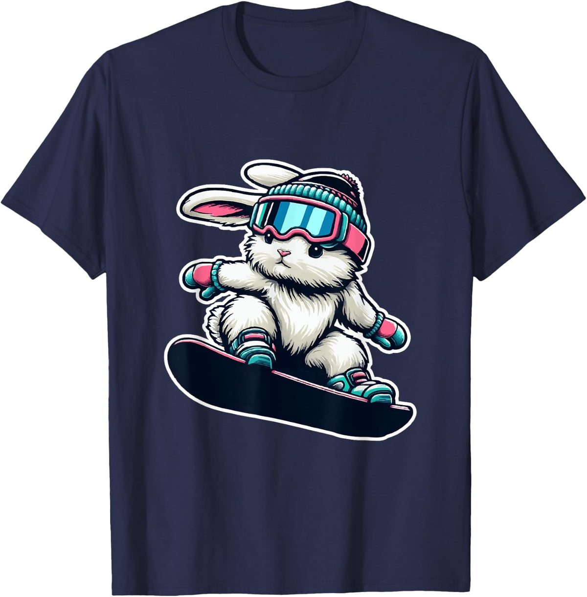 Cute Bunny Performing Snowboarding Trick Kids Easter T-Shirt - Navy Blue