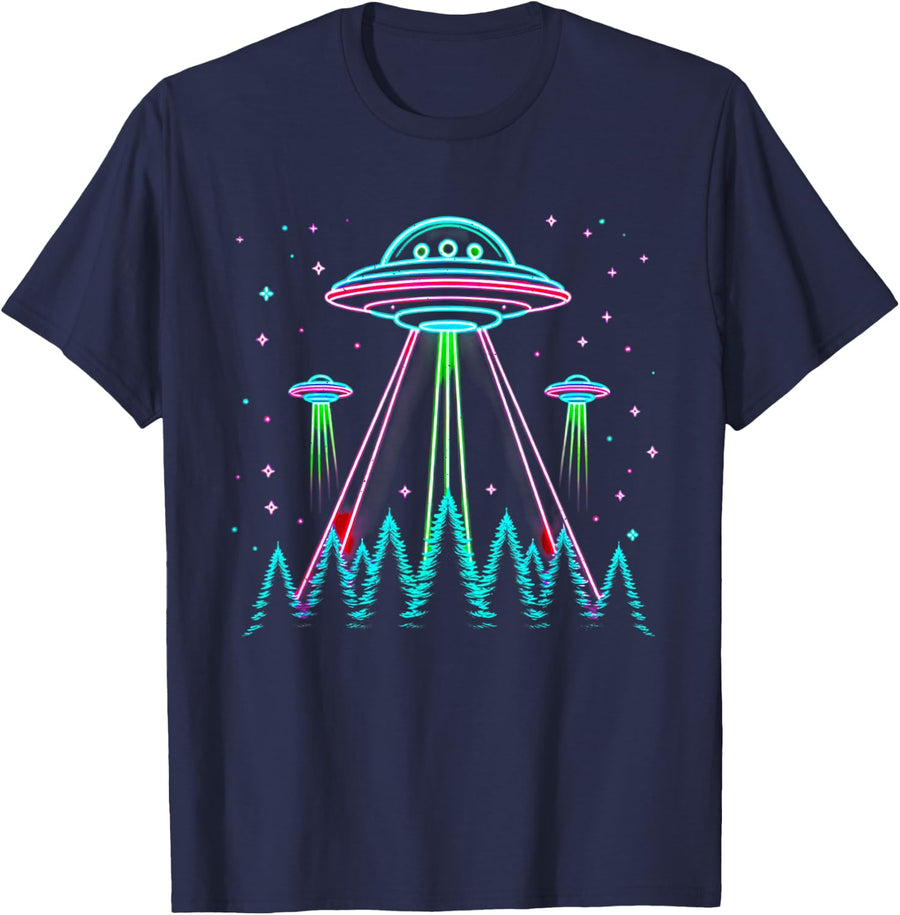 UFO Abduction Line Art Moon Day Alien Spaceship Sci-fi T-Shirt - Navy Blue