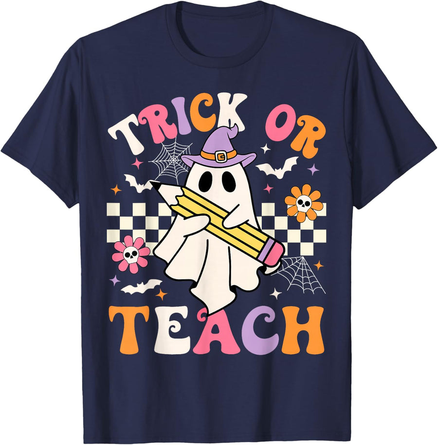 Trick Or Teach Retro Floral Ghost Funny Teacher Halloween T-Shirt - Navy Blue