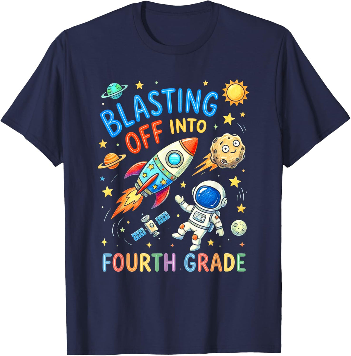 Blasting Off Into 4th Grade Astronaut Back to School Boy Kid T-Shirt - Navy Blue