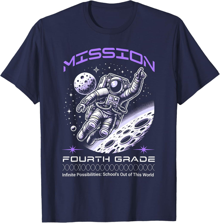 Fourth Grade Back To School Space Rocket Astronaut T-Shirt Tees For Kids Boys Girls - Navy Blue