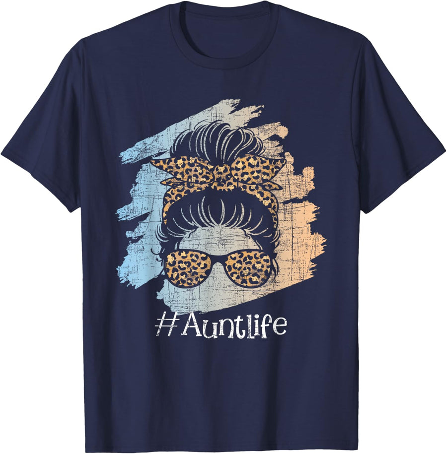 Aunt Life - Leopard Auntie Aunty Messy Hair Bun Niece Nephew T-Shirt - Navy Blue