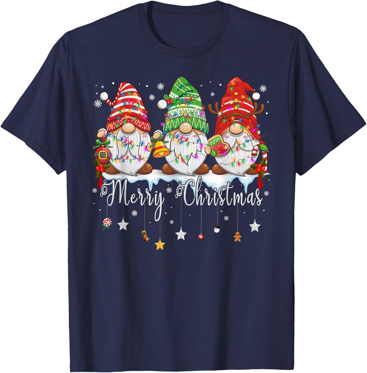 Cute Gnomes Merry Christmas Light Family Gnome Xmas Matching T-Shirt - Navy Blue