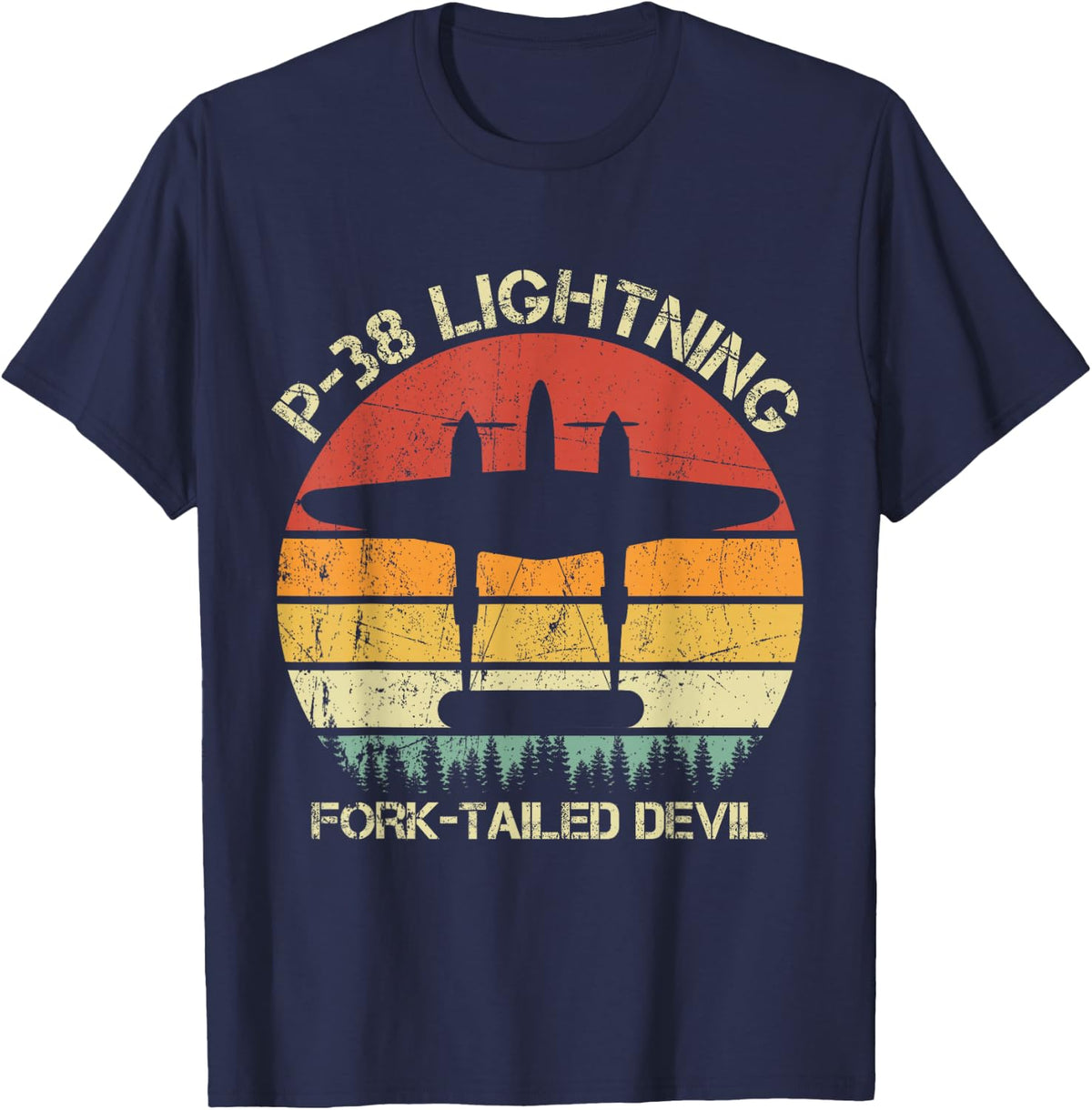 P-38 Lightning Fork-Tailed Devil Vintage WW2 Aircraft Planes T-Shirt - Navy Blue