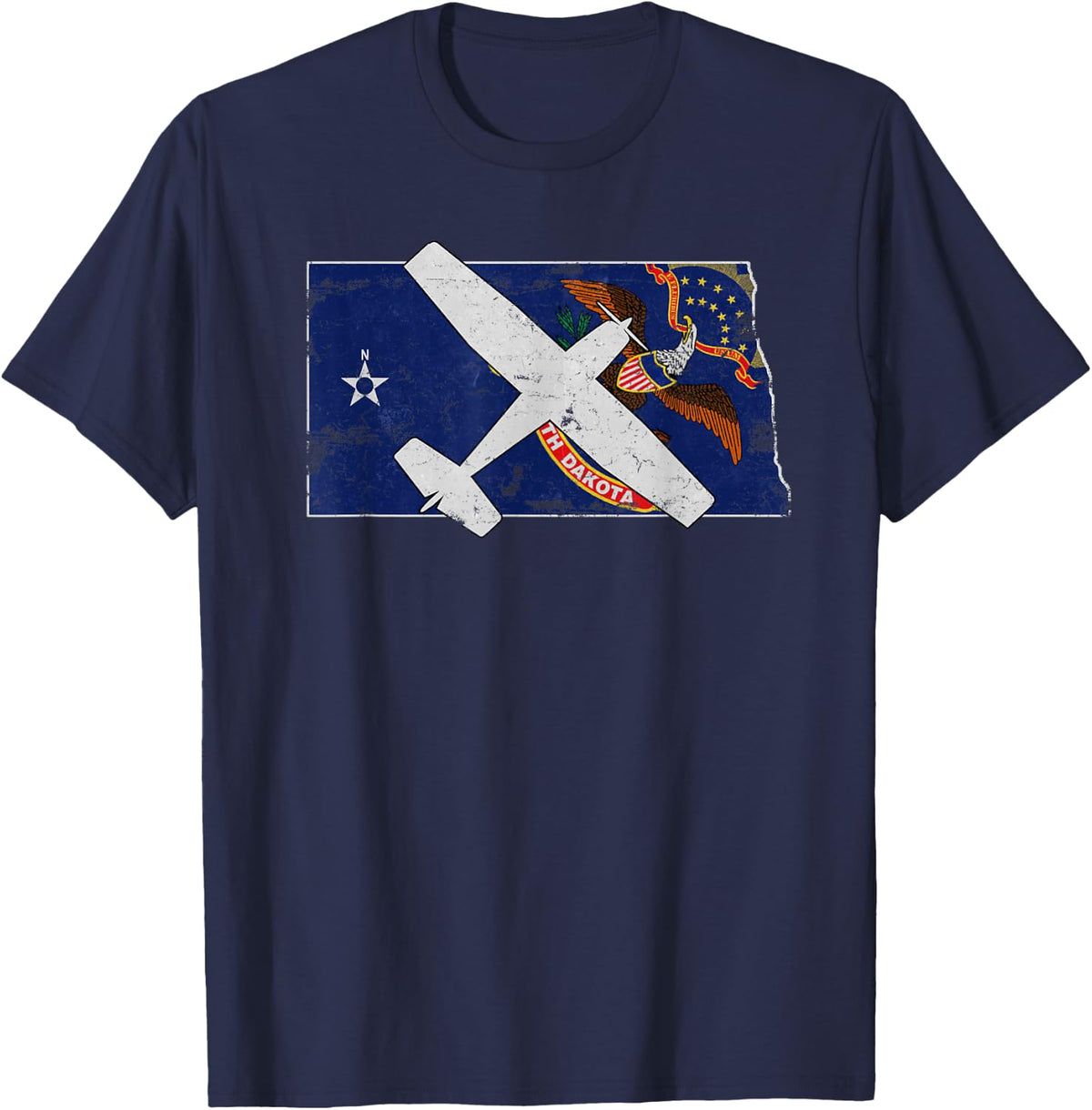 North Dakota Pilot State Flag C172 Skyhawk Airplane Vintage T-Shirt - Navy Blue
