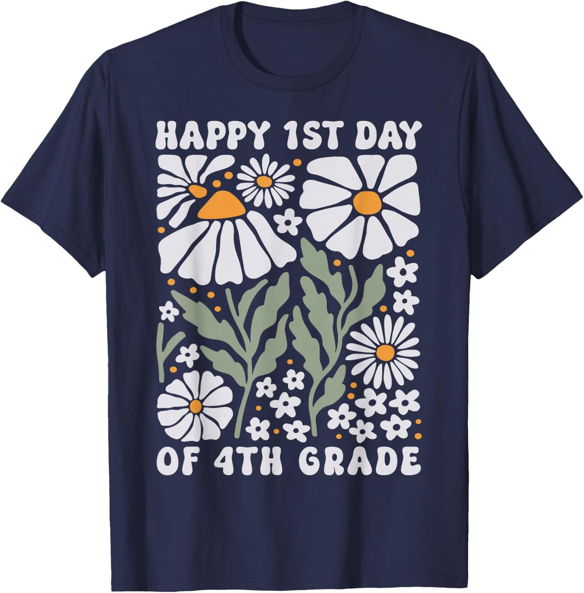 Happy First Day of Fourth Grade Groovy Boho Flower 4th Grade T-Shirt - Navy Blue