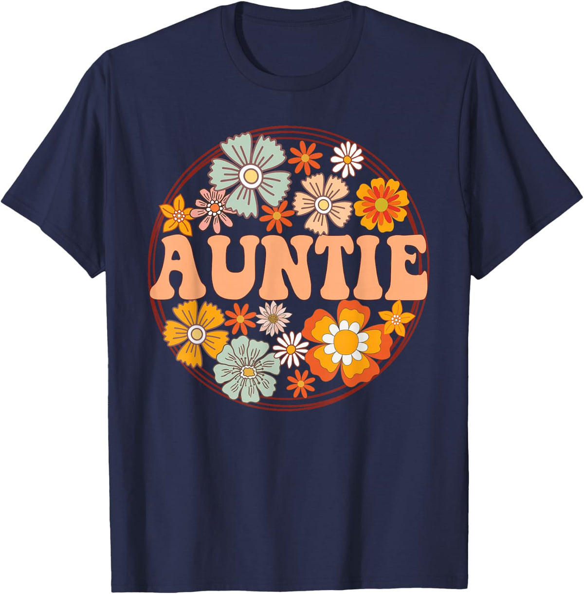Groovy Auntie Retro Flowers Women Mother's Day Aunt T-Shirt - Navy Blue